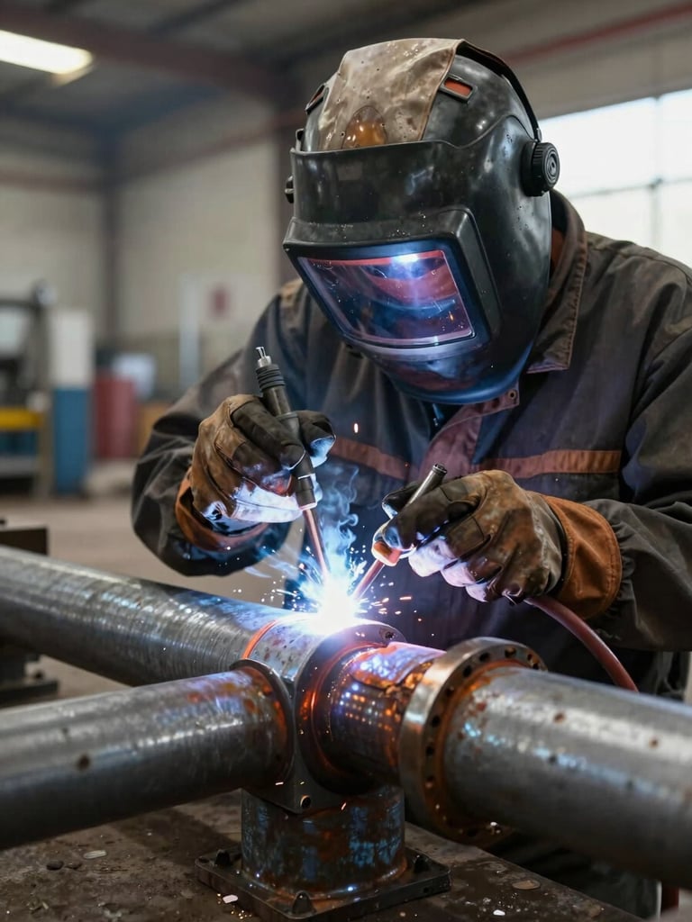 Close macro framing of a certified welder in full PPE executing a TIG weld on a heavy steel pipe joint at an Iraqi industrial worksite, arc light visible against the joint surface, natural ambient light from the facility, oxidized steel surroundings, sharp focus on the weld pool and electrode
