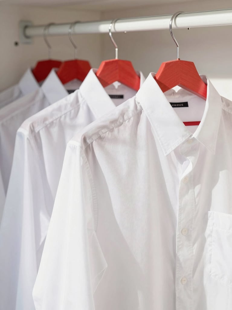 Close-up of freshly ironed white shirts hanging neatly in a bright sunlit wardrobe, crisp natural daylight, sharp focus