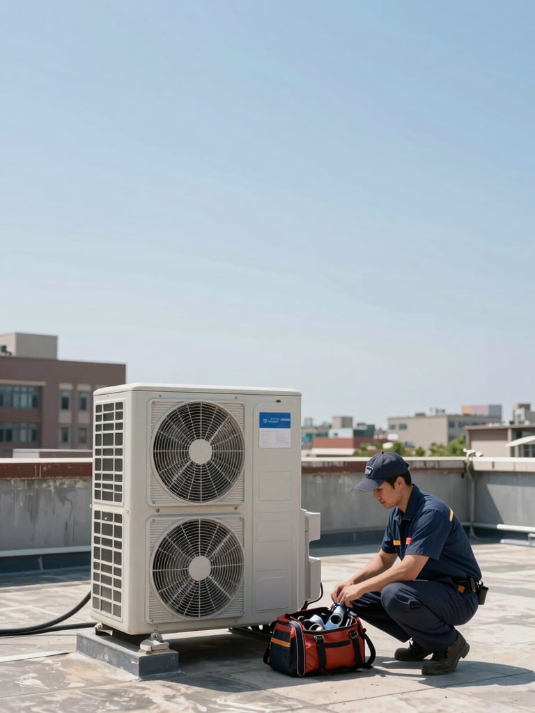 Wide environmental shot of a technician crouching beside an outdoor AC compressor unit on a building rooftop, bright midday daylight, city rooftops visible in background left, generous sky on right third, tools bag open beside unit