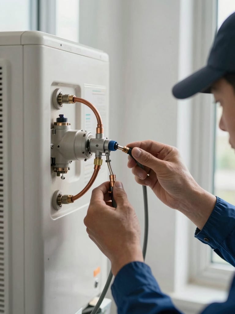 Close-up of a technician's hands connecting refrigerant lines on a wall-mounted AC unit, bright natural daylight through a nearby window, clean white wall, copper tubing visible, sharp technical detail
