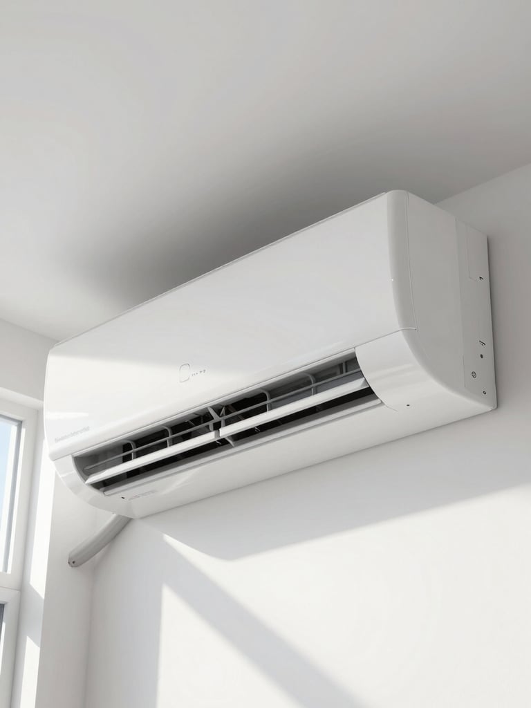 Close-up of a modern wall-mounted split air conditioning unit installed cleanly on a white interior wall, bright natural daylight from a nearby window, no people in frame, sharp equipment detail showing vents and panel finish