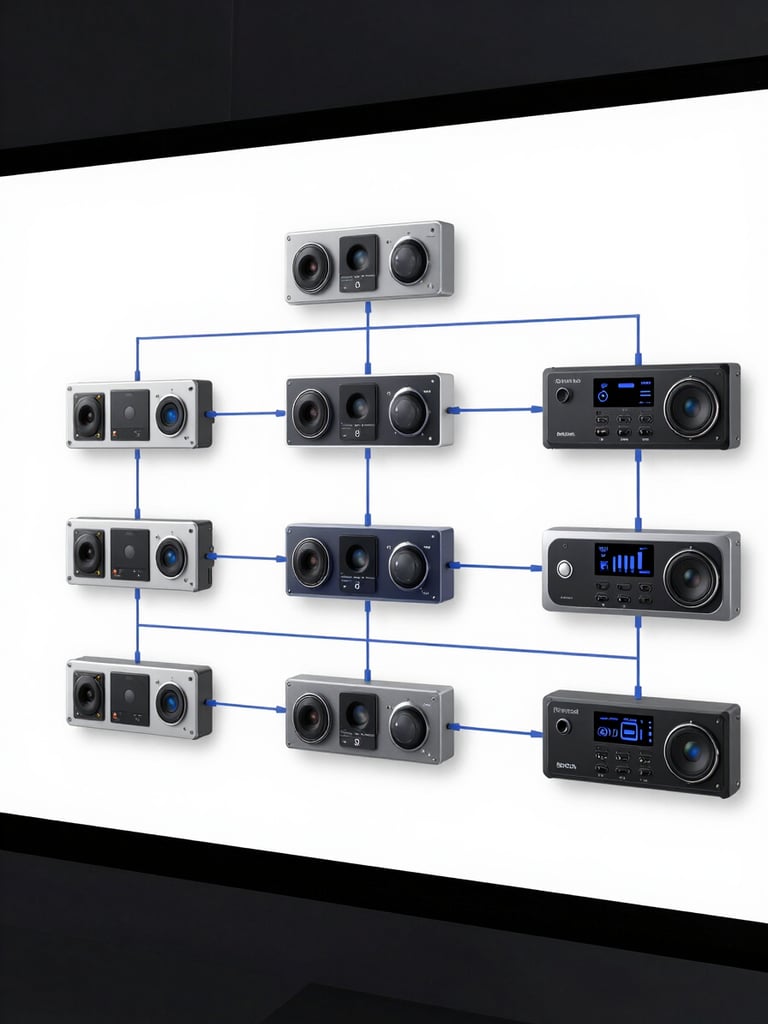 High-fidelity system architecture diagram on a clean white background, showing microservices connected by thin blue lines, crisp studio lighting, minimalist UI design.