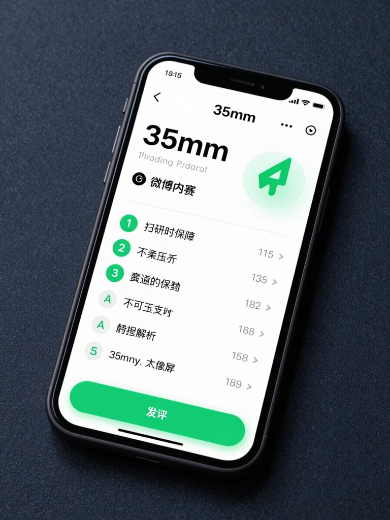A modern smartphone displaying a clean trading education progress interface with emerald green accents, placed on a dark navy textured surface, bright studio lighting, 35mm.