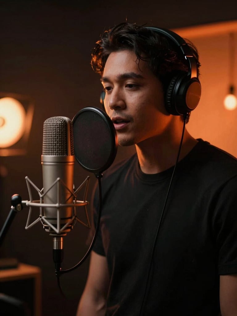 Moody cinematic portrait of a voice actor speaking into a high-end vintage condenser microphone, dramatic low-key studio lighting, warm orange backlights.