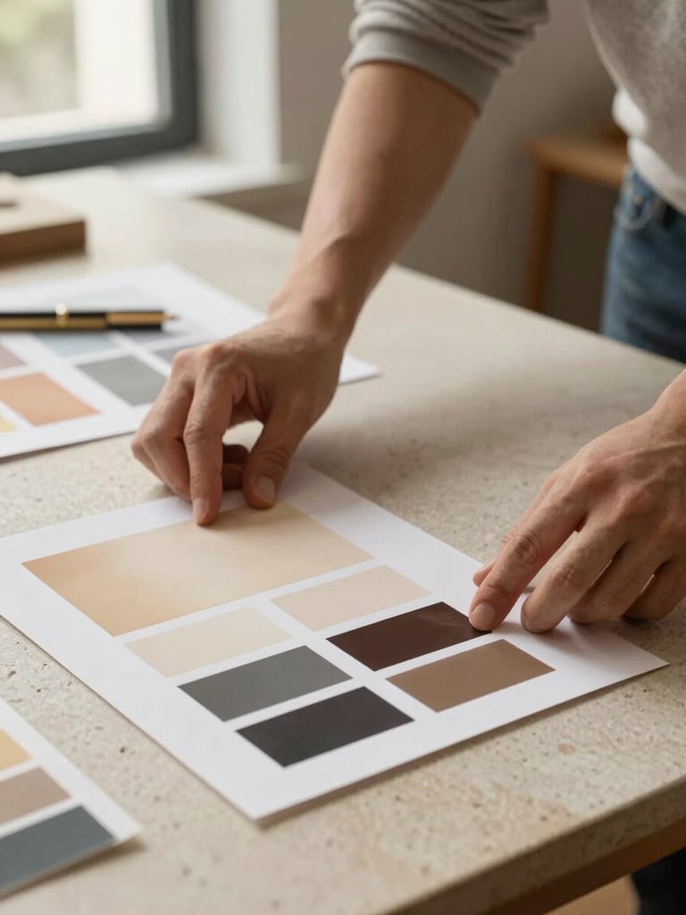 Close-up of a designer's hands placing a printed colour study on a light stone desk, warm diffused window light from the left, swatches of warm beige and deep ink tones visible, creative process atmosphere