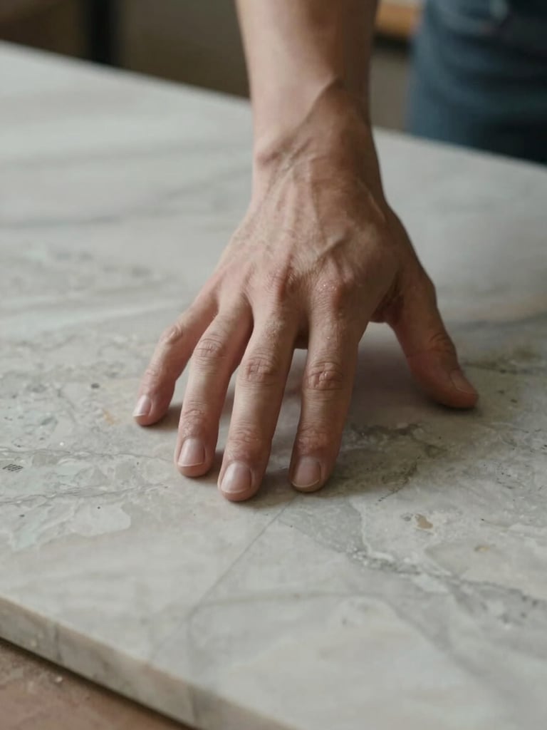 Close-up of hand touching a raw textured marble slab in an architect studio, soft side lighting