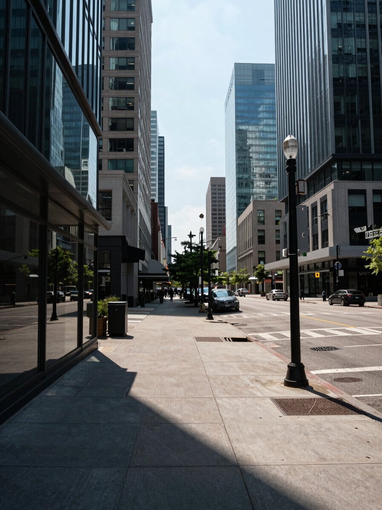 Wide street-level view of Brickell Avenue at midday, glass tower facades reflecting sharp sunlight, empty sidewalk with strong geometric shadows, architectural precision framing