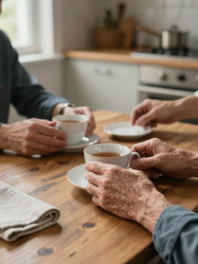 Close-up, slightly wide framing of two pairs of hands at a warm kitchen table — one older pair resting near a teacup, one caregiver's hand gently steadying a small plate, soft natural window light falling from the left, worn wooden tabletop with a folded cloth napkin, quiet and unhurried