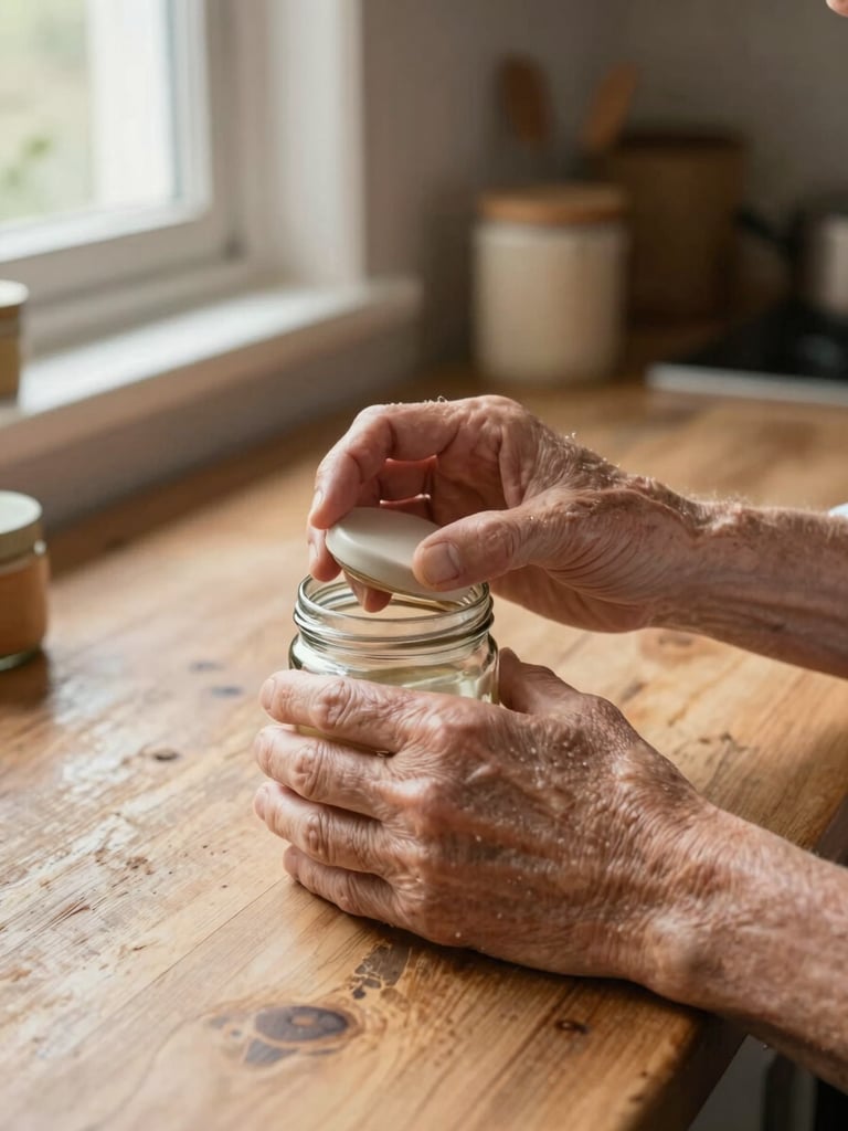 Close-up of a caregiver's hands helping an older person's hands open a small jar on a kitchen counter, warm natural window light from the left, worn wooden counter surface, a few personal items visible in the soft background