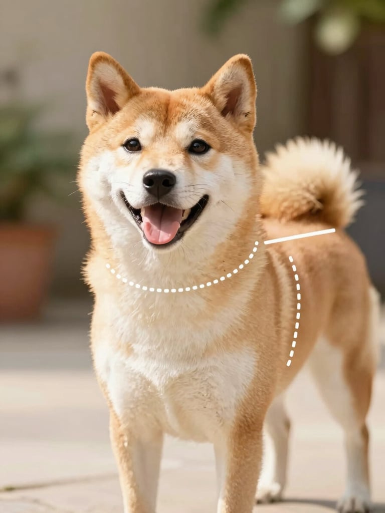 Diagram of a happy dog with soft dotted lines showing where to measure neck, chest, and back length, clean cheerful illustration, warm background