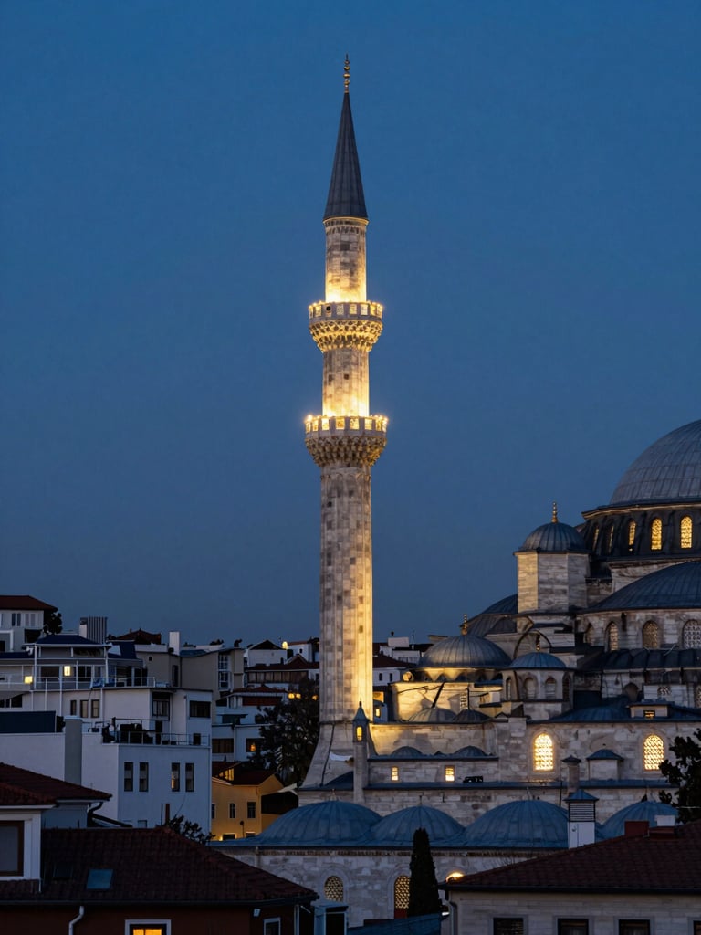 Portrait-aspect frame, blue hour over a slender minaret rising against a deep indigo sky in Istanbul, warm interior light glowing from a single arched window, rooftops of the old city layered below, no people, atmospheric and still
