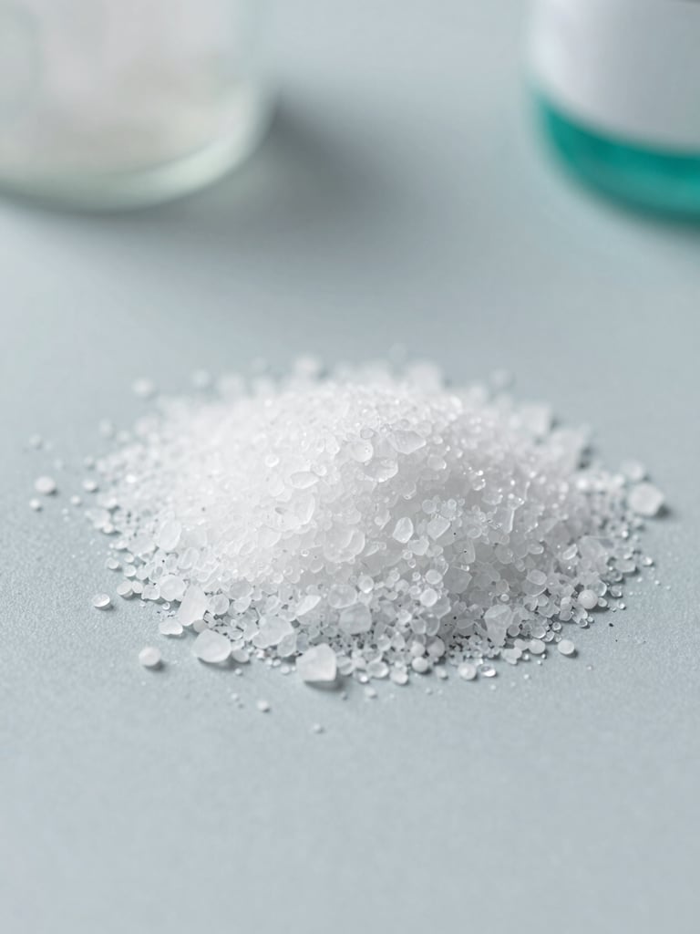 Macro photography of pure white crystalline active pharmaceutical ingredients under bright clinical daylight, sharp focus, 35mm