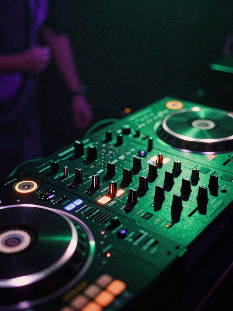 Close-up of a DJ mixer in a dark club, illuminated by neon green and purple stage lights, deep shadows, gritty 35mm film grain, high contrast.
