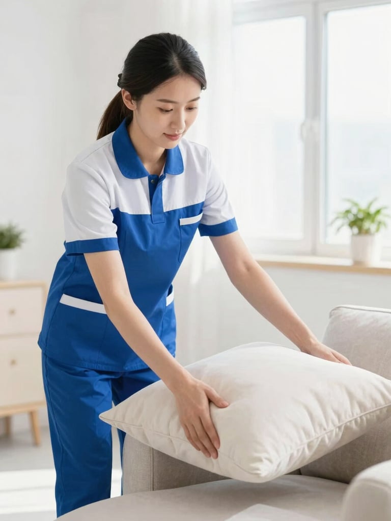 A professional housekeeping staff member in a clean blue and white uniform adjusting a cushion in a bright modern living room, focused and professional expression, natural daylight