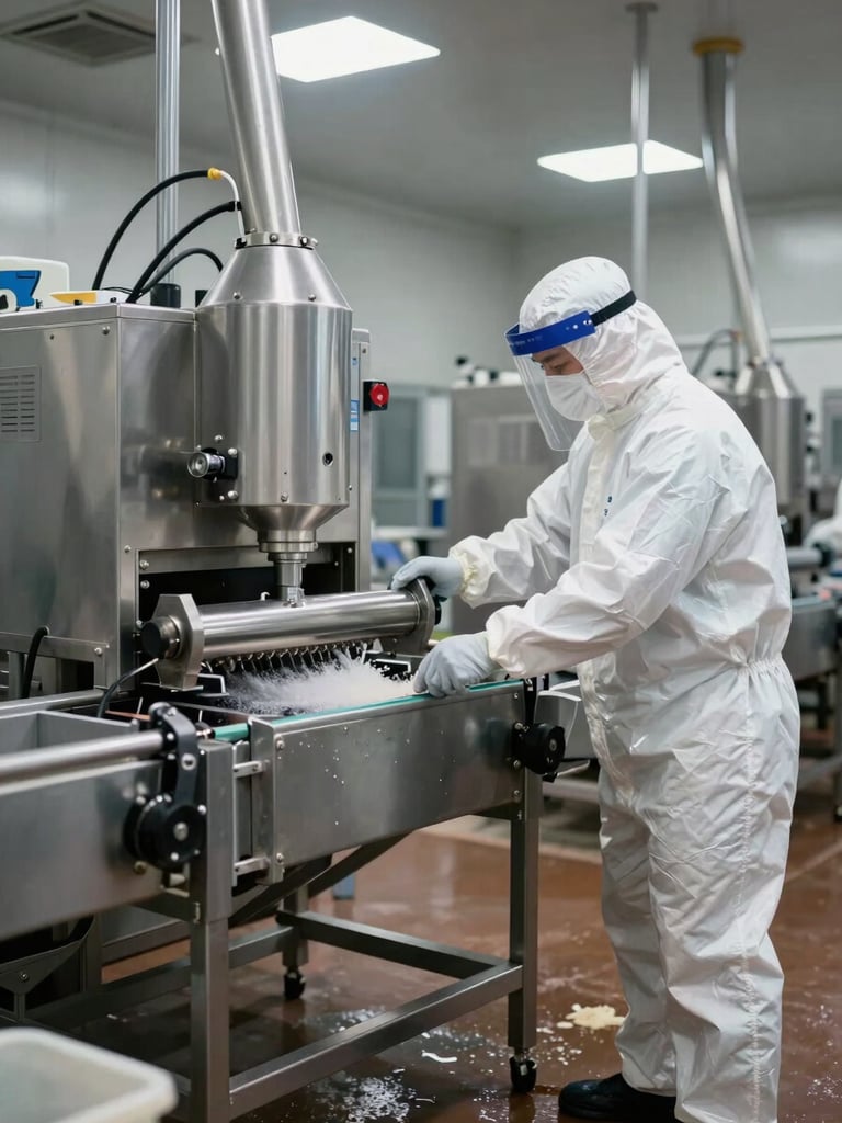 Close documentary sequence inside a food processing facility: a technician in white protective suit and face shield directing an industrial vacuum extraction unit toward a steel conveyor frame, hard overhead industrial lighting, stainless steel surfaces visible in the background, cleaning chemical residue visible on the floor in the foreground