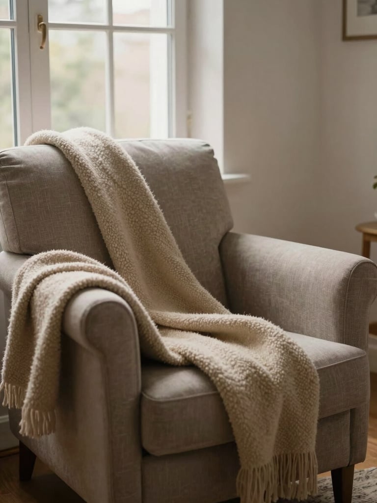 Soft indoor lighting, a comfortable empty armchair by a window with a warm wool throw blanket draped over the side, quiet domestic sanctuary.