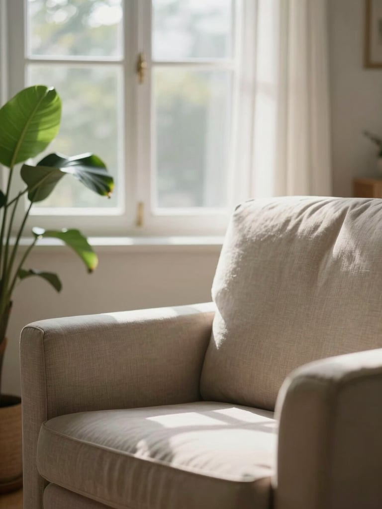 Soft natural light filtering through a window, illuminating a quiet domestic room with a comfortable empty armchair and a green plant, peaceful atmosphere, close-up details