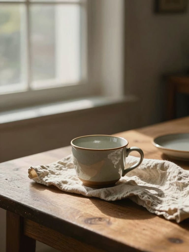 Soft natural light filtering through a window onto a wooden table, a warm ceramic cup resting beside a soft linen cloth, peaceful domestic sanctuary.