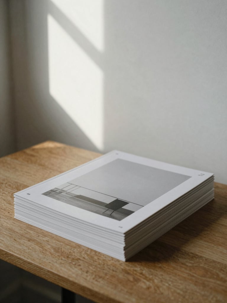 A quiet studio corner in London, soft daylight illuminating a stack of minimalist art catalogs on a wooden table, shadow of a window frame cast on the wall, high contrast, tactile editorial photography.