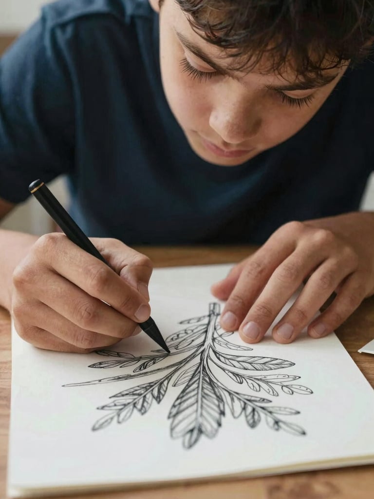 A close-up portrait of a student's hands carefully sketching a botanical drawing on textured paper, soft natural daylight coming from the side.