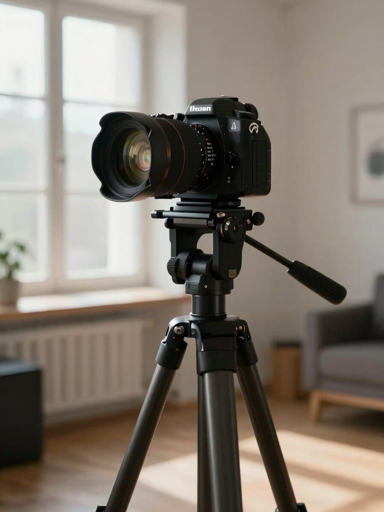 A professional camera setup on a tripod, softly lit by north-facing window light in a quiet Scandinavian-style studio space.