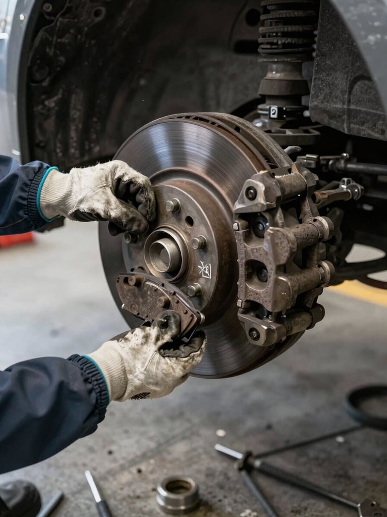 Close-up of a mechanic's gloved hands removing a worn brake pad from a caliper inside a vehicle wheel well, practical shop lighting from above, concrete floor visible below, tools and a brake rotor in the immediate background