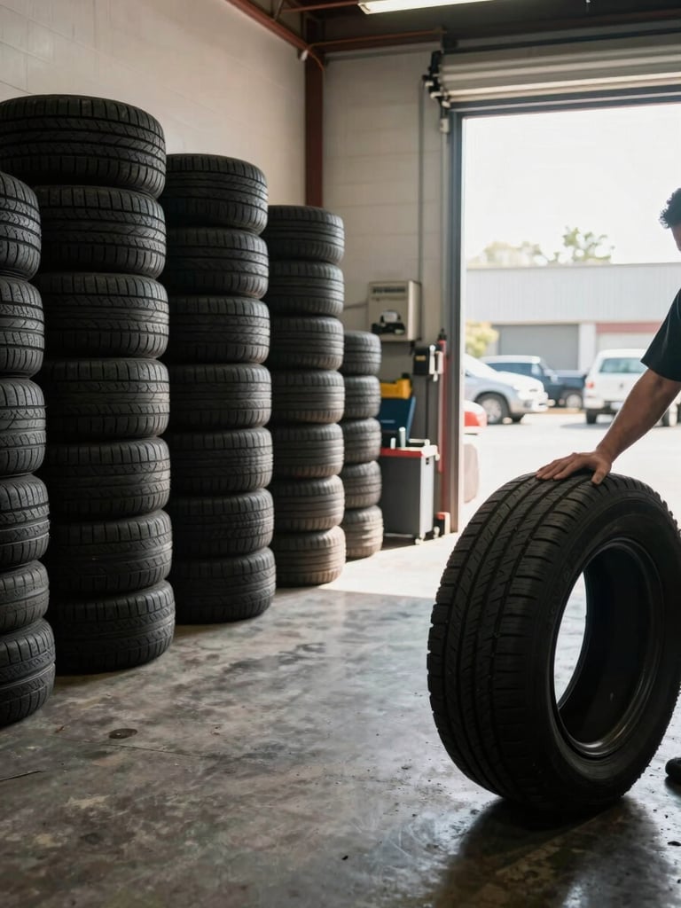 Wide-angle view from inside a Lexington auto shop bay, stacks of tires filling the left wall, a mechanic's hands visible gripping a tire in the foreground, harsh practical daylight streaming through the open bay door, concrete floor and tools in the background
