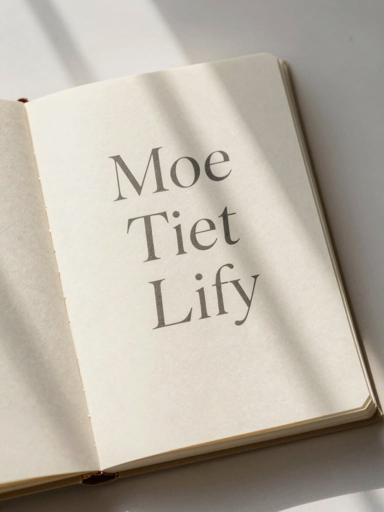 Overhead minimalist flat-lay of an open linen journal, elegant charcoal typography on cream paper, soft window shadows.