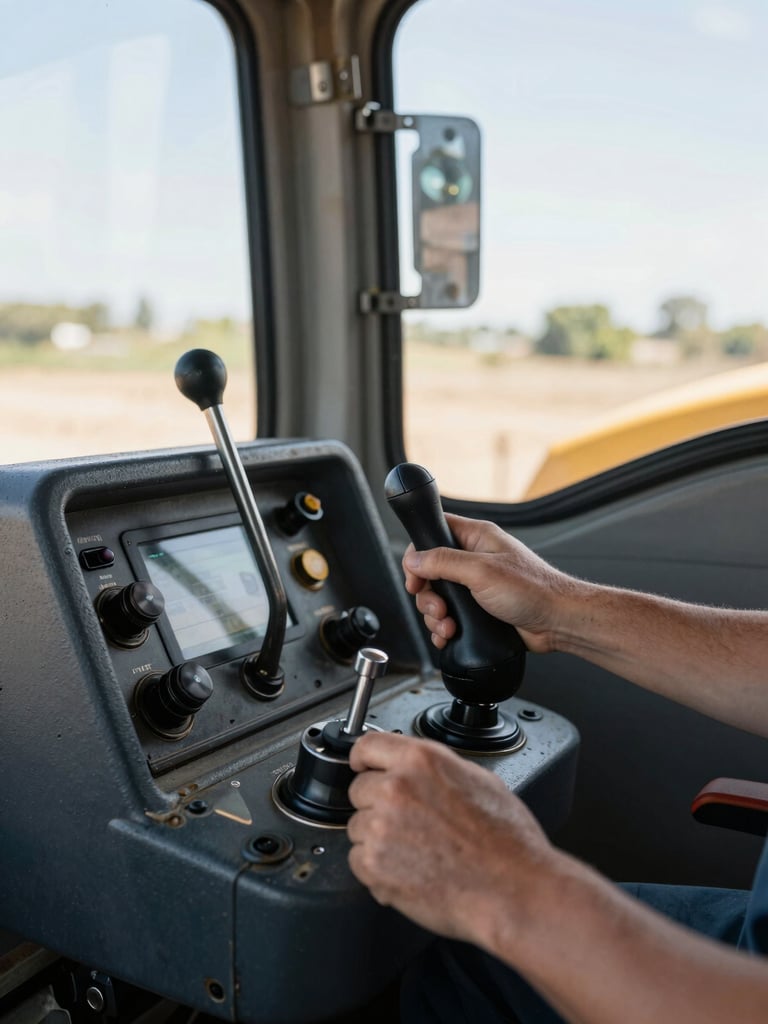 Close-up panoramic of heavy loader bucket controls and hydraulic levers inside a cab, hands on joystick, natural midday light through cab window illuminating worn metal and grip textures, tight environmental framing