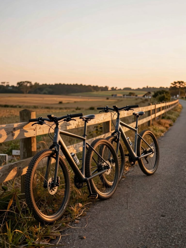 Two e-bikes leaning against a wooden fence post beside a paved cycling path in soft golden late-afternoon light, regional countryside visible in the background, no riders, equipment-focused framing with warm amber tones