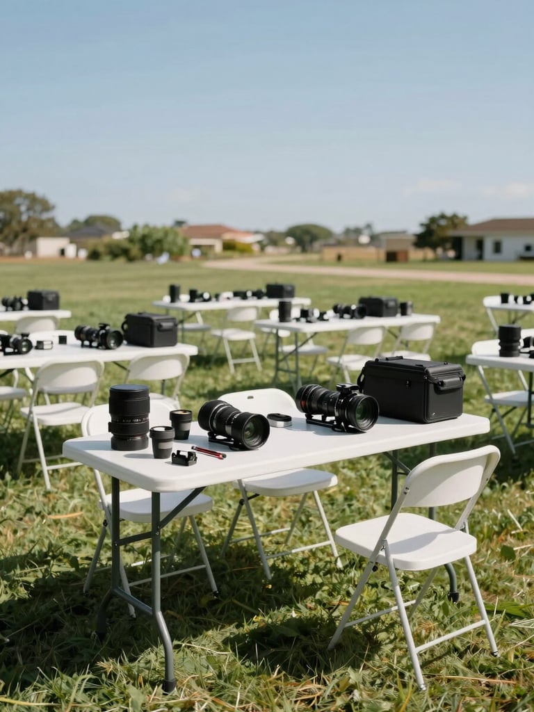 Wide-angle view from behind a row of white folding tables set with chairs on a sunny outdoor lawn, event gear neatly arranged and ready, natural noon daylight casting clean shadows, open sky in the upper third, no people visible — the equipment is the subject