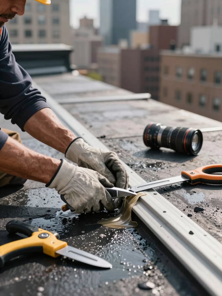 Close-up of a roofer's gloved hands applying sealant around a NYC rooftop drain, wet surface and city roofline visible behind, sharp daylight, tools laid on the membrane beside them