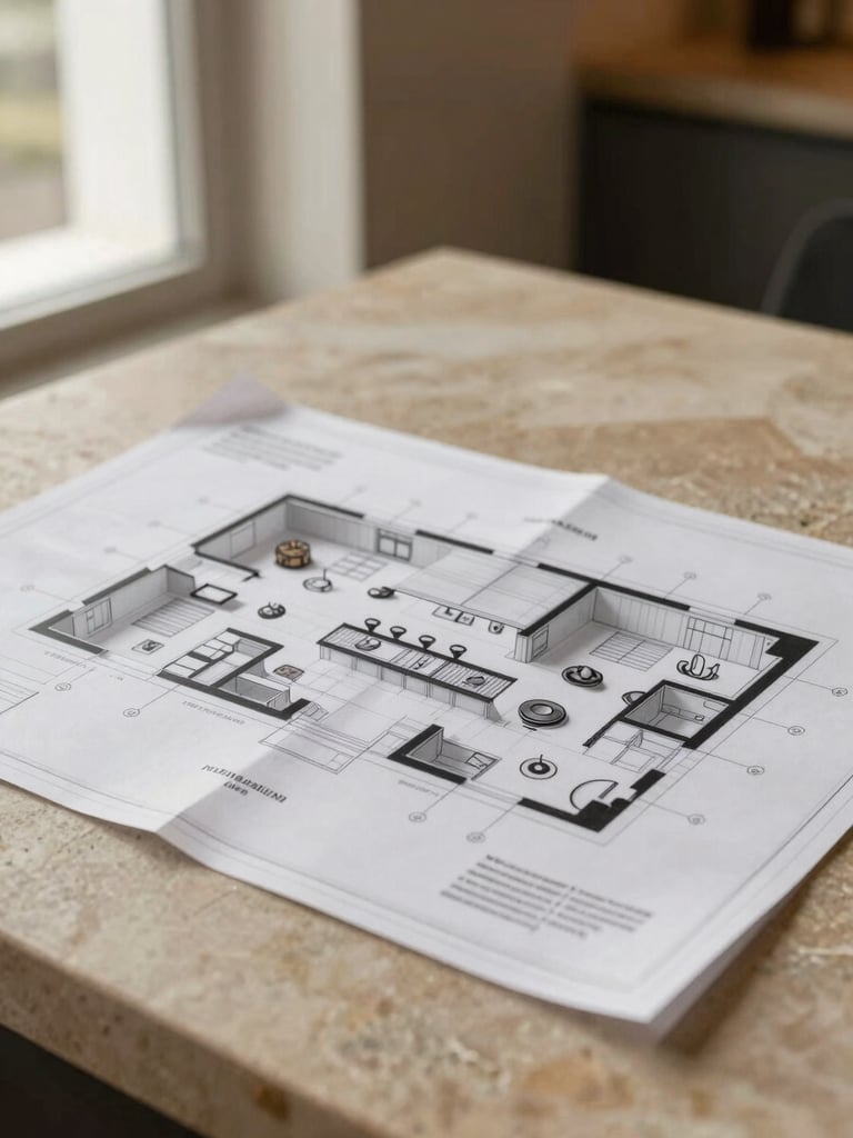 An architectural blueprint of a premium restaurant kitchen layout on a warm stone background, soft side lighting, professional drafting style, 35mm
