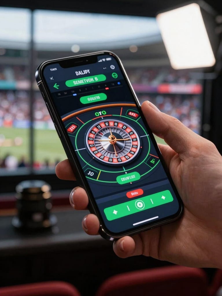 Close overhead shot of a hand holding a smartphone showing a live casino roulette table interface with bright green accent numbers on a dark UI, stadium crowd faintly visible through a window in the background, bright studio light on the phone screen