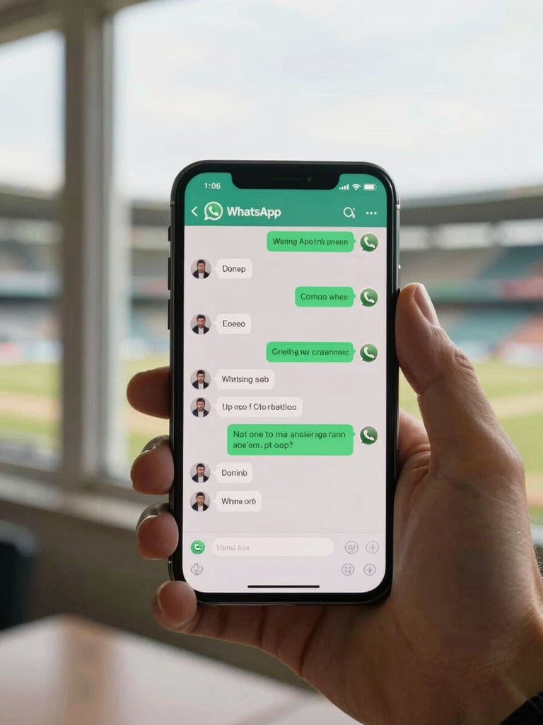 Tight crop of a hand holding a smartphone showing a WhatsApp conversation thread, messages visible with quick cricket betting support replies, warm natural daylight from a window, stadium ambient light in background