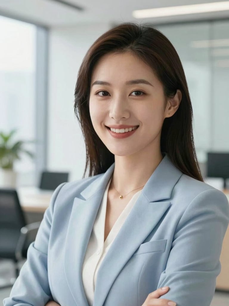 Close-up portrait of a professional female financial advisor in a bright, modern office, smiling confidently, natural morning daylight, soft blue tones.