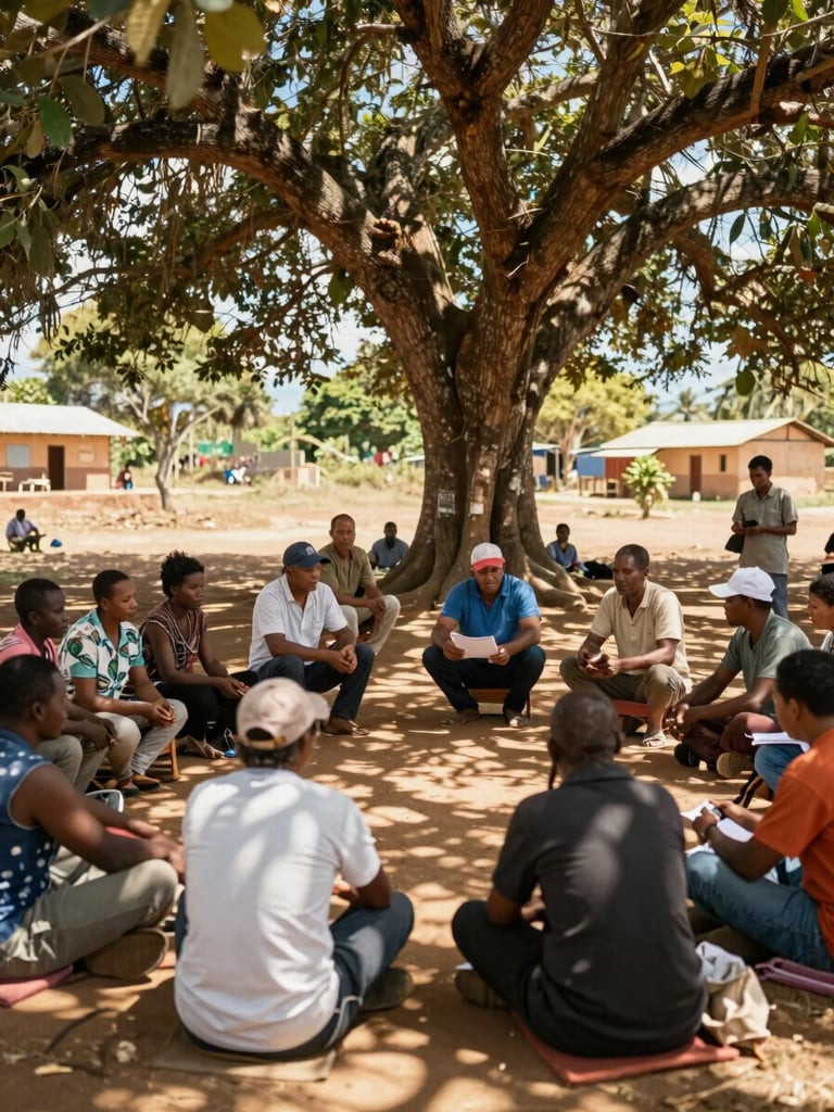 Wide environmental shot of a community meeting under a large shade tree in Manyu, local leaders and villagers discussing plans, warm equatorial sunlight, 35mm.