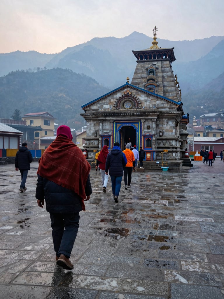 Environmental wide shot of the Kedarnath temple forecourt at dawn, stone paving wet with morning dew, a small group of pilgrims in woollen shawls approaching the main gate, high Himalayan ridgeline visible behind under soft overcast light