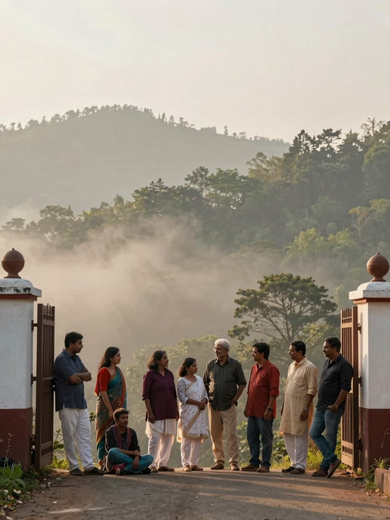 Wide environmental shot, a multigenerational Indian family group at the entrance gate of a hill-station viewpoint in soft golden afternoon light, the group relaxed and mid-conversation, misty forested hills visible behind them, framed from slightly below to show scale