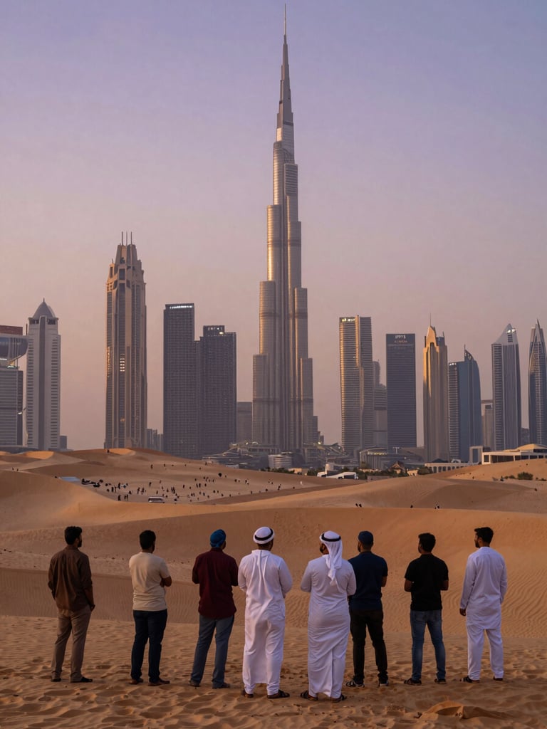Wide environmental shot looking across the Dubai skyline from a desert viewpoint at dusk, a group of Indian tourists in the foreground facing the glittering towers, warm amber and violet sky above