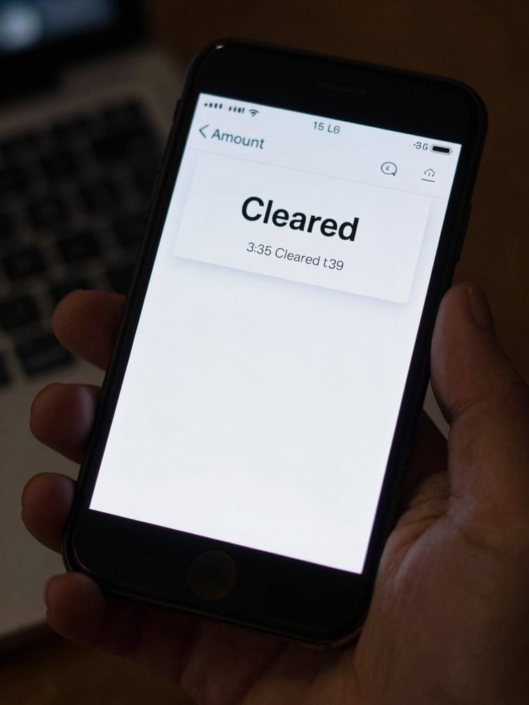 Close-up of a smartphone held in hand, screen glowing with an SMS notification showing a transaction confirmation — amount, status 'Cleared', timestamp visible — device-screen-lit against a near-dark background, tight crop on the notification banner