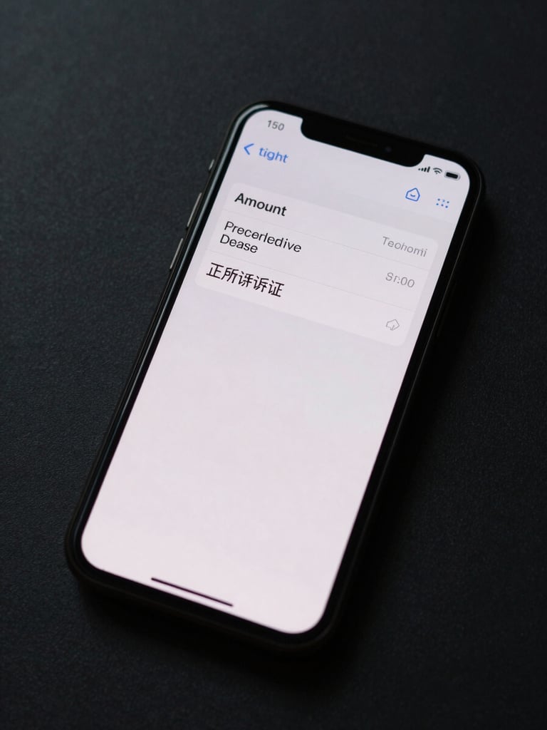Tight overhead crop of a phone screen displaying an SMS alert reading amount, recipient name, status confirmed, and a precise timestamp, device-screen lit against a dark matte surface, no hands, flat studio fill light from above