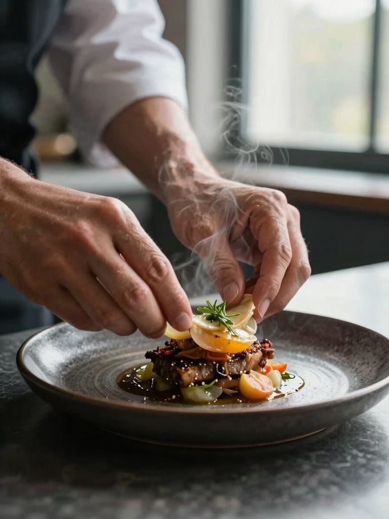 Close-up of a chef's hands carefully plating a rustic dish on a dark ceramic plate, steam rising, soft side-lighting from a kitchen window, macro texture of food