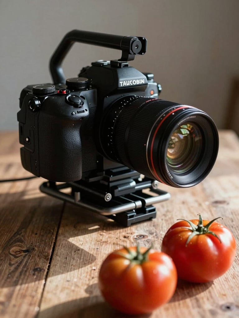 A close-up portrait of a professional camera rig positioned over a rustic wooden table with fresh heirloom tomatoes, soft Scandinavian daylight casting long shadows.