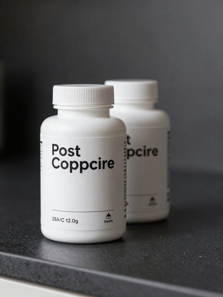 Close-up of a clean supplement bottle on a matte charcoal kitchen counter, studio product lighting from the left, label facing forward, a second bottle slightly out of focus behind it, minimal negative space to the right