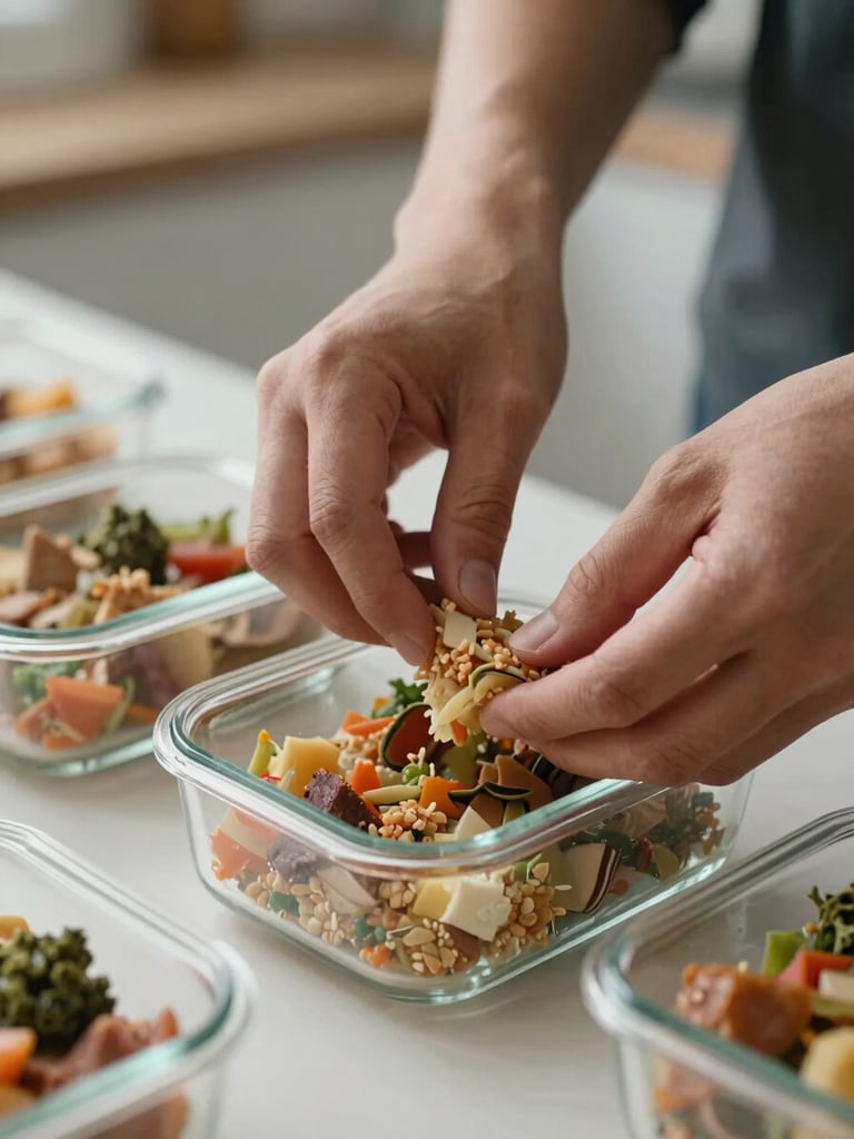Hands arranging macro-friendly meal portions in glass containers on a white kitchen counter, north-facing daylight, close-up framing showing food texture and preparation detail, no faces