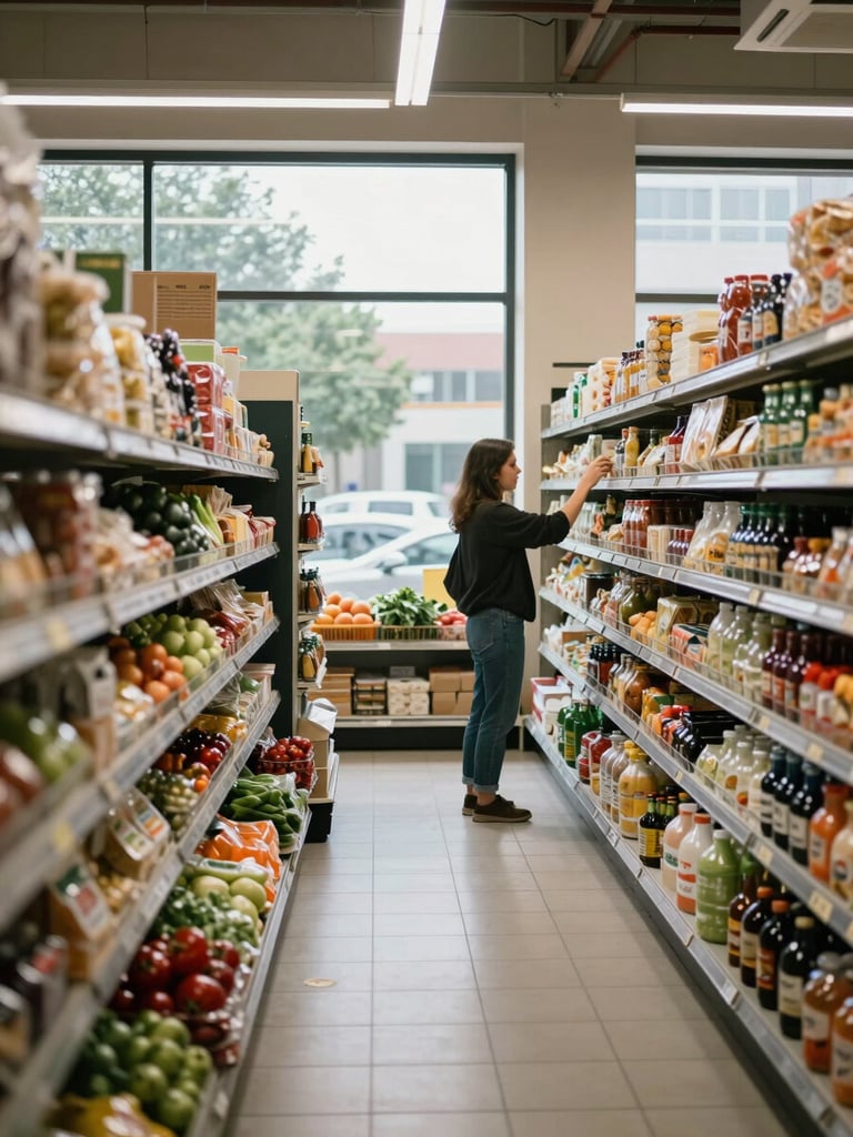 Wide interior view of a well-organized S71 neighborhood supermarket, natural daylight pouring through large storefront windows, full shelves of packaged goods and fresh produce visible in the foreground, clean tile floors, a customer reaching for a product at eye level — documentary realism, no posing