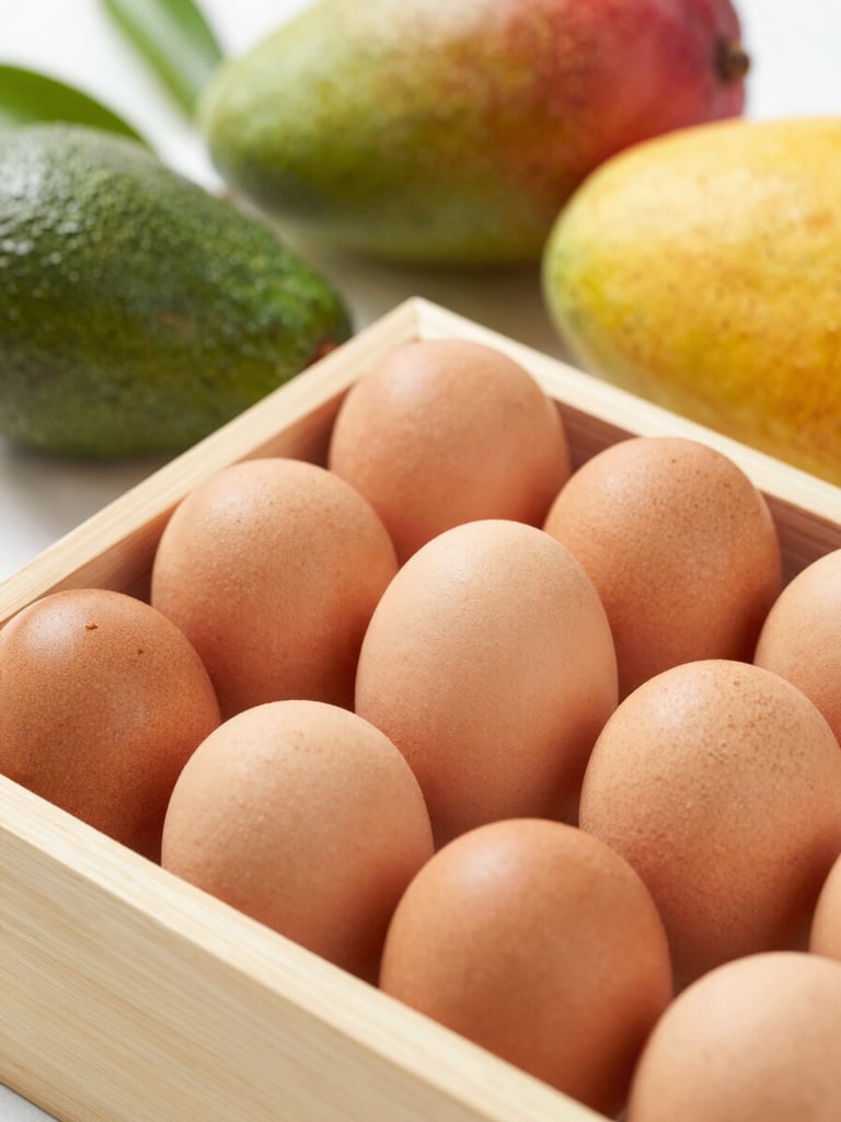 Crisp close-up of fresh brown eggs in a wooden crate, surrounded by exotic fruits like mango and avocado, natural morning light, shallow depth of field, 35mm lens