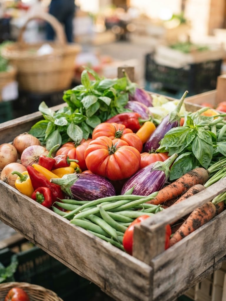 Crisp portrait shot of freshly harvested Romagnolo vegetables in wooden crates, bright natural morning light, vibrant colors, shallow depth of field, 35mm lens