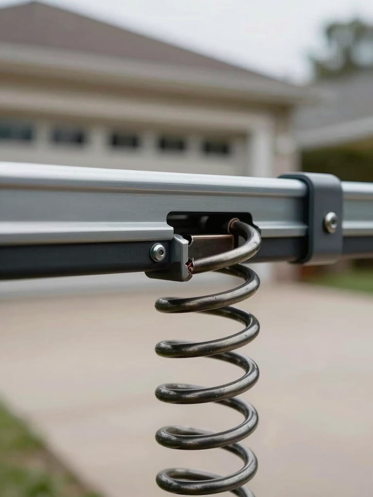 Extreme close-up of a snapped torsion spring on a residential garage door track, natural overcast daylight from the driveway, the coil fracture point sharp in the foreground and the door mechanism visible behind it out of focus